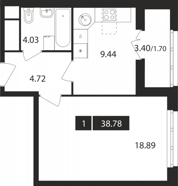 1-комнатная, квартира, 38.78 м²