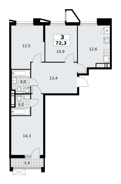3 комнаты до 72.3