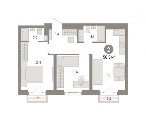 2-комнатная, квартира, 58.6 м²