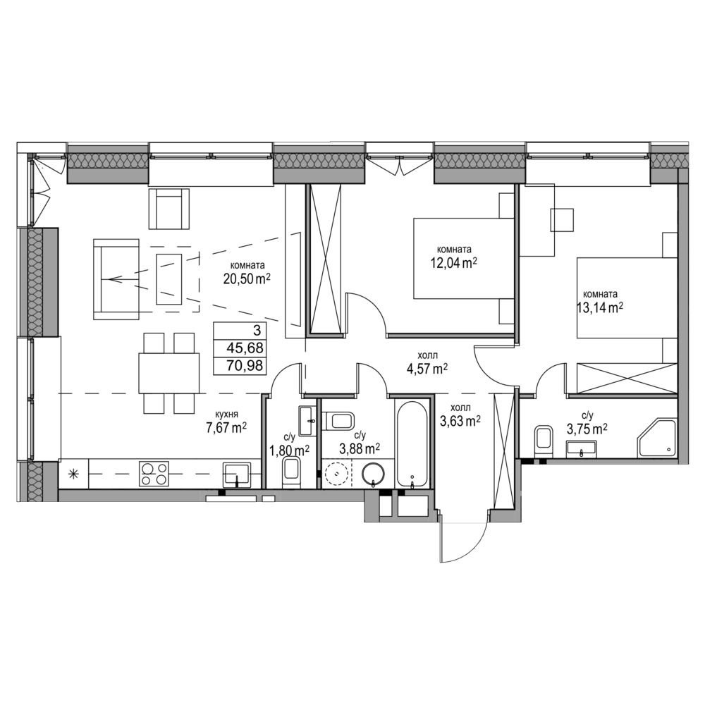 3-комнатная квартира №123698, 71,1 м² за 32,24 млн руб. в ЖК «Зиларт» - планировка