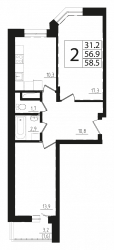 2-комнатная, квартира, 58.6 м²