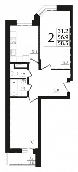 2 комнаты до 58.6