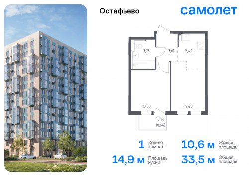 1-комнатная, 33.45 м²