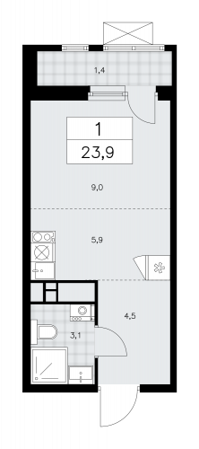 1-комнатная, 23.9 м²