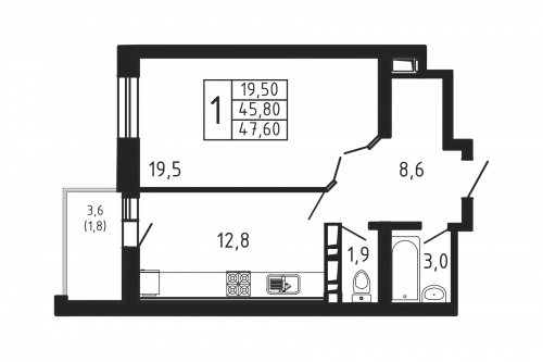 1-комнатная, квартира, 47.6 м²