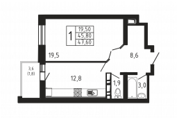 1-комнатная квартира 47,6 м²