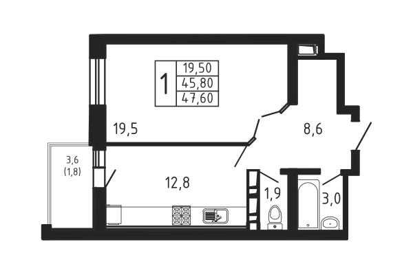 1-комнатная, квартира, 47.6 м²