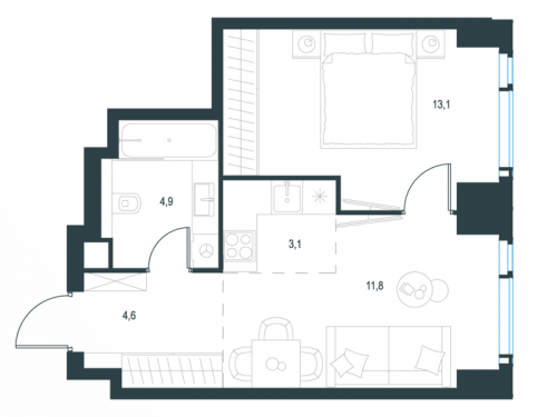 2-комнатная, 37.5 м²