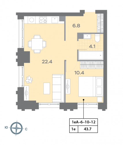 1-комнатная, квартира, 43.4 м²