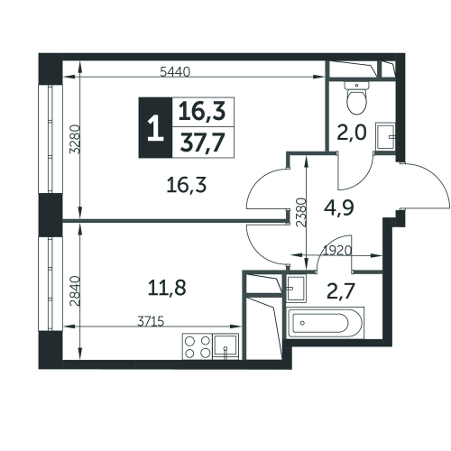1-комнатная, квартира, 37.7 м²