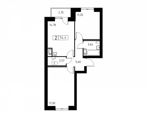 2-комнатная, квартира, 54.4 м²