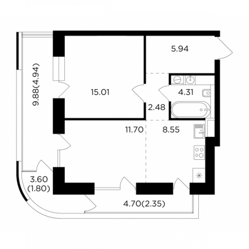 2-комнатная, квартира, 57.08 м²