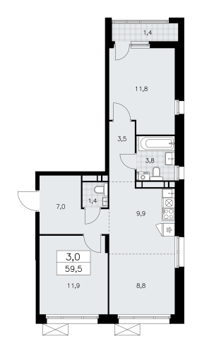 3-комнатная, 59.5 м²