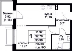 1-комнатная квартира 33,96 м²