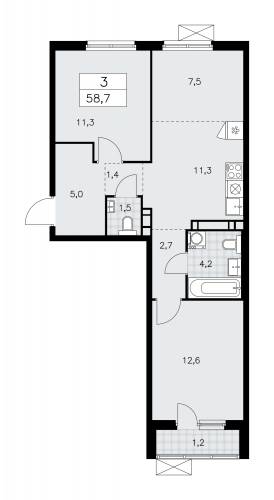 3-комнатная, 58.7 м²