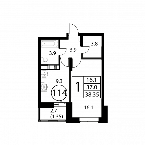 1-комнатная, квартира, 38.35 м²