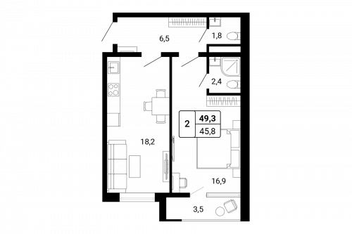 2-комнатная, 44.5 м²