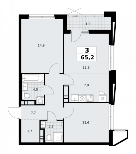 3-комнатная, 65.2 м²