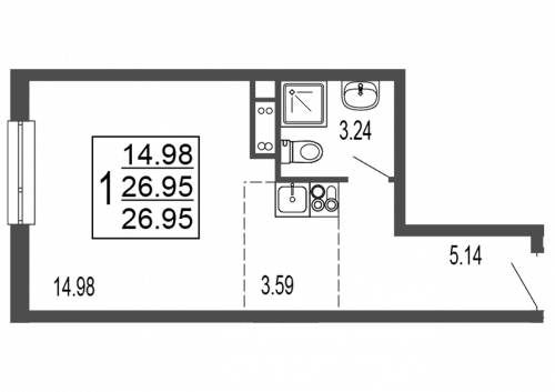 Студия, 27.6 м²