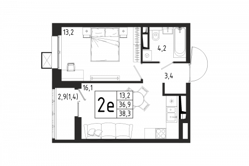 1-комнатная, квартира, 38.3 м²