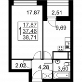 1-комнатная квартира 38,71 м²