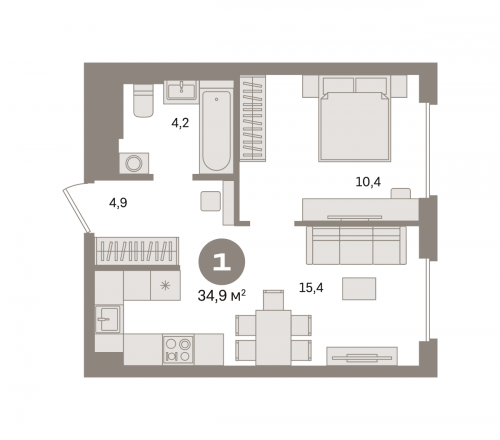 1-комнатная, квартира, 34.88 м²