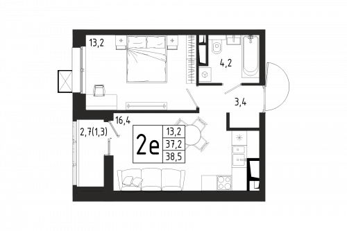 1-комнатная, квартира, 38.5 м²