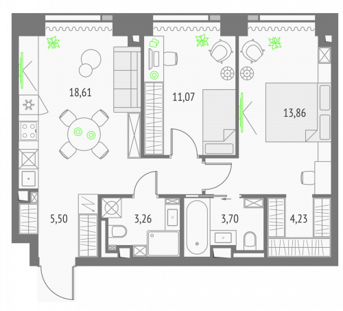2-комнатная, квартира, 64.03 м²