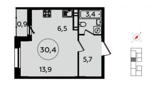 1-комнатная квартира 30,4 м²