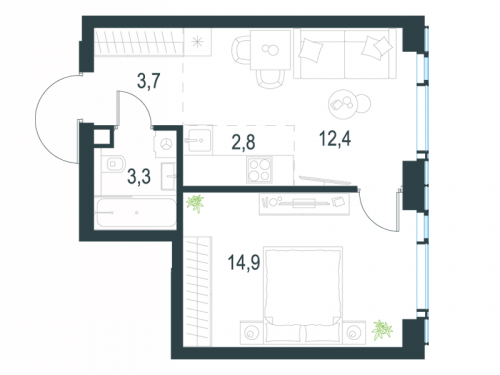 2-комнатная, 37.1 м²