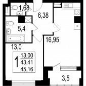 1-комнатная квартира 45.16 м²