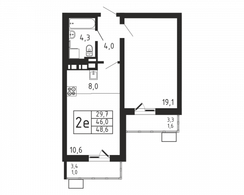 2-комнатная, квартира, 48.6 м²