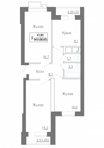 3-комнатная, квартира, 66.65 м²