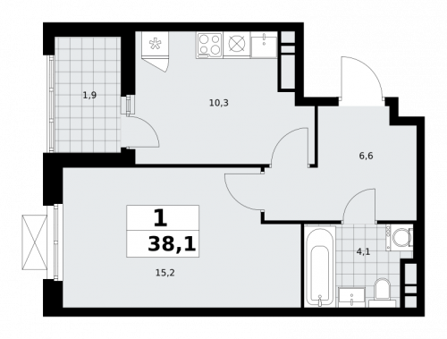 1-комнатная, 38.1 м²