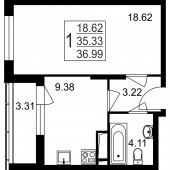 1-комнатная квартира 36,99 м²