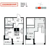 1-комнатная квартира 42 м²