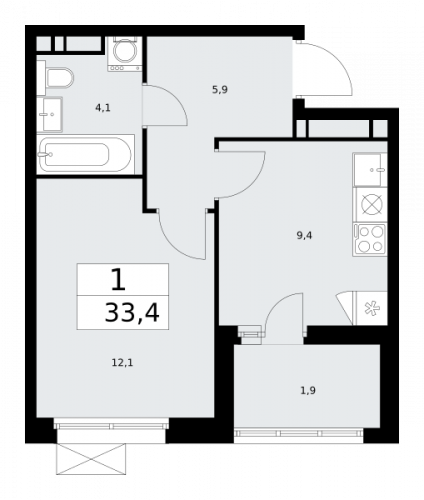 1-комнатная, 33.4 м²