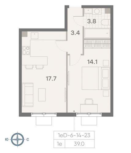 1-комнатная, квартира, 39 м²
