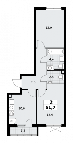 2-комнатная, 51.7 м²