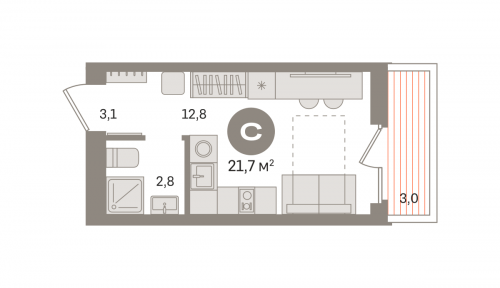 Студия, 21.7 м²