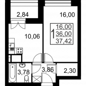 1-комнатная квартира 37.42 м²
