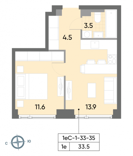1-комнатная, квартира, 33.5 м²