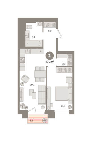 1-комнатная, квартира, 49.18 м²