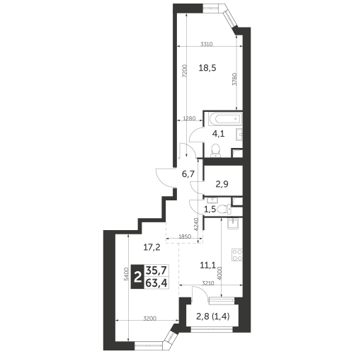 2-комнатная, квартира, 63.4 м²