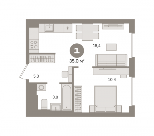 1-комнатная, квартира, 34.96 м²