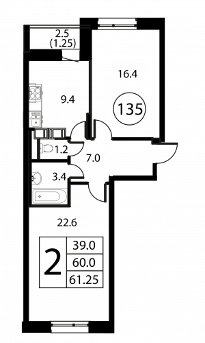 2-комнатная, квартира, 61.25 м²