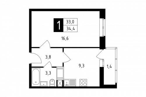 1-комнатная, квартира, 34.4 м²