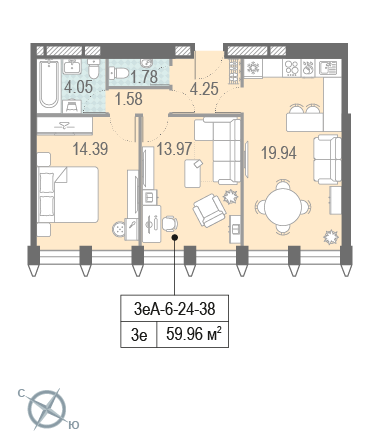 2-комнатная, квартира, 59.96 м²