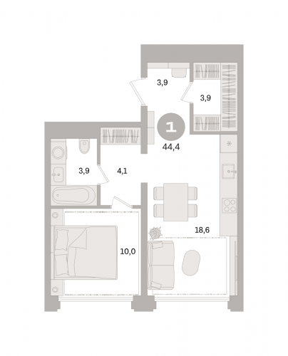 1-комнатная, квартира, 44.4 м²