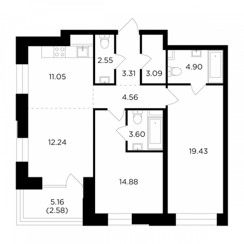 3-комнатная, 82.19 м²